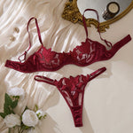 Elegant Floral Embroidered Lingerie Set for Women - Sexy Sheer Bra and Thong Panty, No Padding, Medium Support Knit Fabric Undergarment Set with Polyester and Elastane