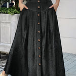 Dual Pocket Button Front Skirt, Casual Solid Color Loose Fit Skirt For Spring & Summer, Women's Clothing