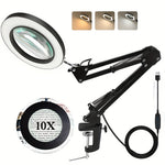 10X LED Lighted Magnifying Glass with Stand, 3 Color Modes & Stepless Dimming, Flexible Arm, 360° Adjustable Head, USB Powered, Black - Perfect for Reading, Crafting, and Home Office Use, Magnifying Glasses for Reading