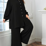 Elegant Oversized V-Neck Two-Piece Set - Black Polyester Blend Pants with Split Details and a Relaxed Blouse