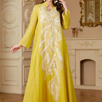 Elegant Light Blue Beaded Abaya for Muslim Women - V-Neck, Long Sleeve, Loose Fit Maxi Dress with Floral Patterns, Polyester, Non-Stretch Fabric - Perfect for Ramadan & Casual Wear