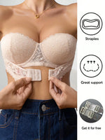 Women's sexy lace half cup lingerie, front push-up buckle, push-up, strapless, invisible lingerie for daily wear