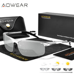 AOWEAR Aluminum Polarized Photochromic Sunglasses Men Luxury Quality Rimless Chameleon Glasses Male Day Night Driving Sunglass