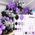 141pcs Purple, Black, Silver Balloon Garland Arch Kit for Birthday Backgrounds, Anniversaries, Indoor and Outdoor Decorations