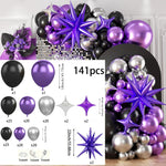 141pcs Black Purple Silver Balloon Garland for Birthday Parties,anniversaries, Bachelorette Parties, Carnivals, Home Decorations