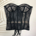 Steel Bone Korset Woman Hollow Out Strapless Lace Bra Bustier Top Mesh Women Lingerie Black White Biege Corset