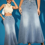Elegant Washed Raw Trim Denim Skirt, High Rise Button Fly Mermaid Skirt, Women's Clothing