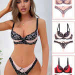 3 Sets Contrast Lace Bra & Panties, Colorblock Push Up Bra & Elastic Thong Lingerie Set, Women's Lingerie & Underwear