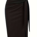 Elegant Solid Color High-Waisted Knee-Length Skirt with a Bow And Slit for Women.