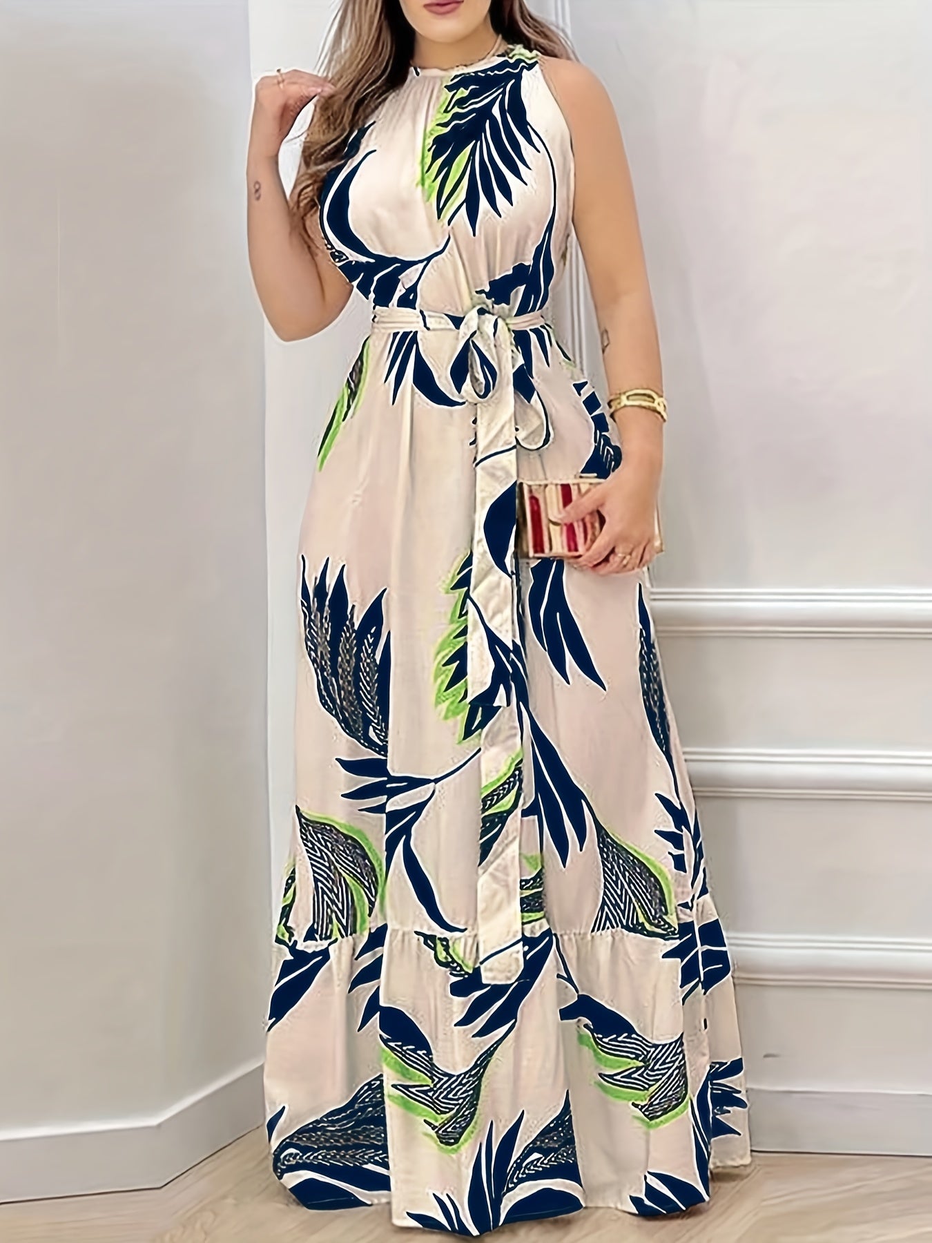 Women's Elegant Sleeveless Maxi Dress with Belt, Tropical Plant Print, Polyester, Round Neck - Spring/Summer 2025 Collection