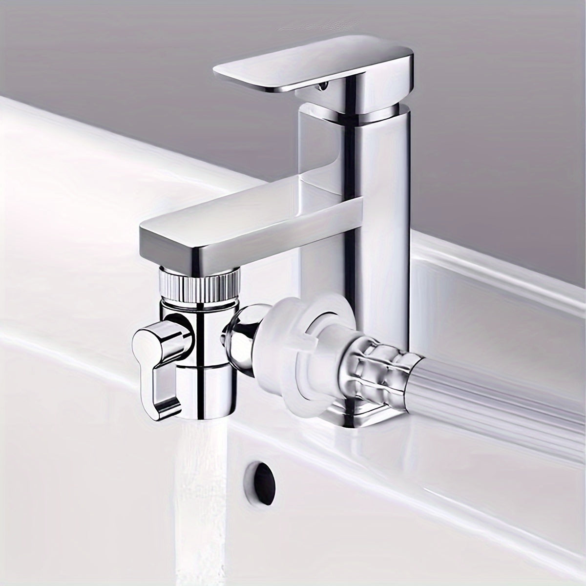 A Household Faucet With An External Splitter, One-to-two Adapter, Universal Conversion Water Inlet Splitter, Water Pipe Three-way Splitter Valve.