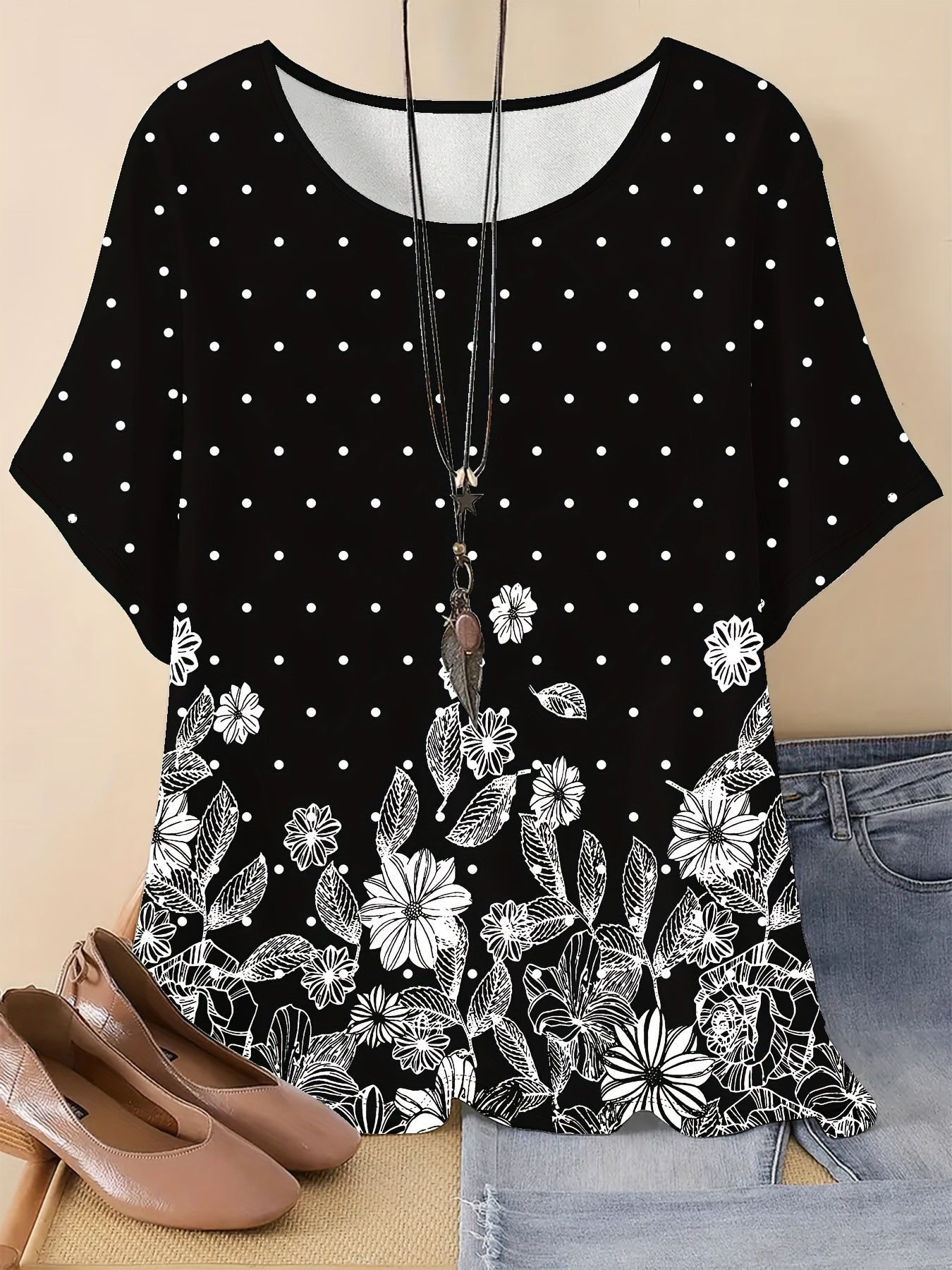 Floral Print Crew Neck T-Shirt, Casual Short Sleeve Top for Spring & Summer, Women's Clothing
