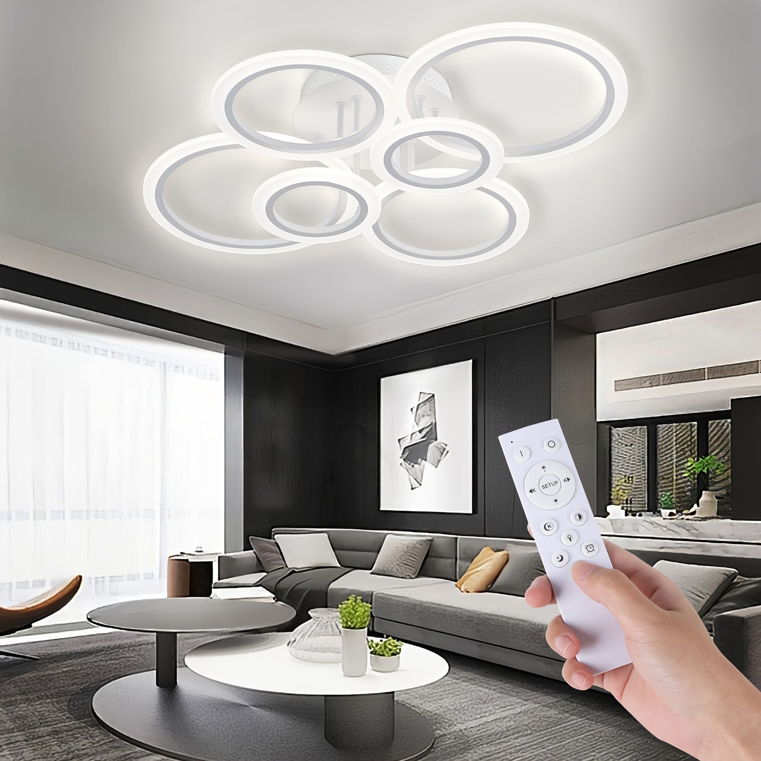 LED Ceiling Light Fixture, 6 Rings Flush Mount Ceiling Light Dimmable 78.74cm 75W Remote Control Dimmable 3000K-6500K, for Living Room, Kitchen, Bedroom, Office, IH-YH4