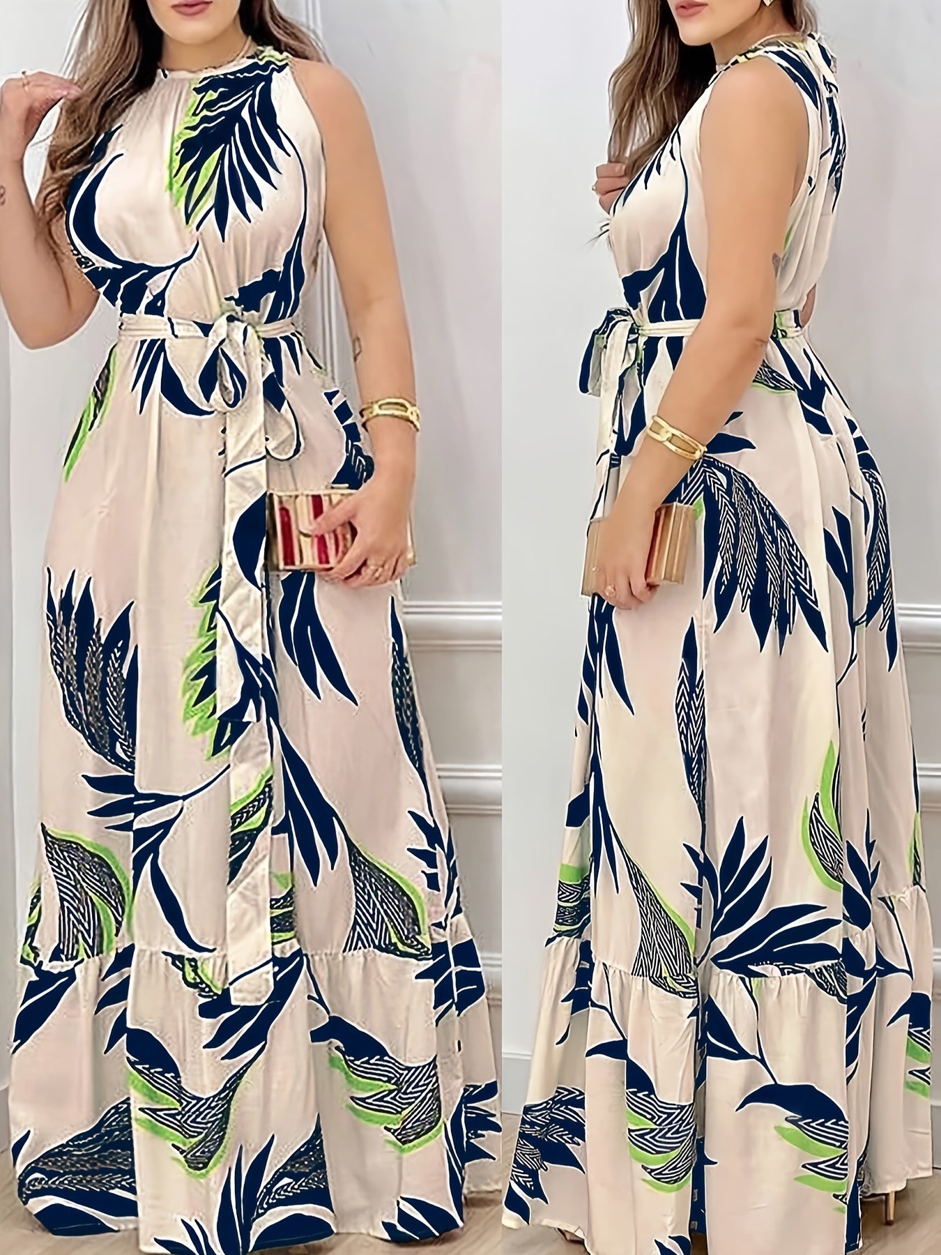 Women's Elegant Sleeveless Maxi Dress with Belt, Tropical Plant Print, Polyester, Round Neck - Spring/Summer 2025 Collection