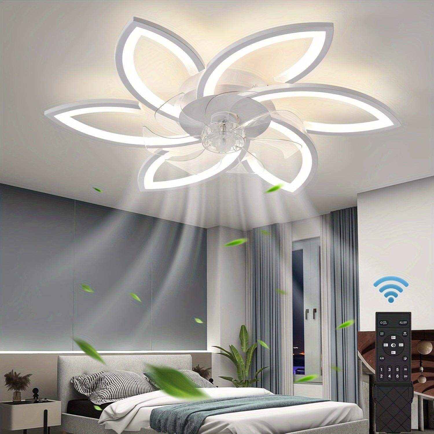 White Flower Design Ceiling Fan with LED Lights, Remote Control, Low Profile Flush Mount, Acrylic & Metal, 110V-240V, Infrared Sensor, Hardwired, for Bedroom Kitchen, Includes Installation Hardware
