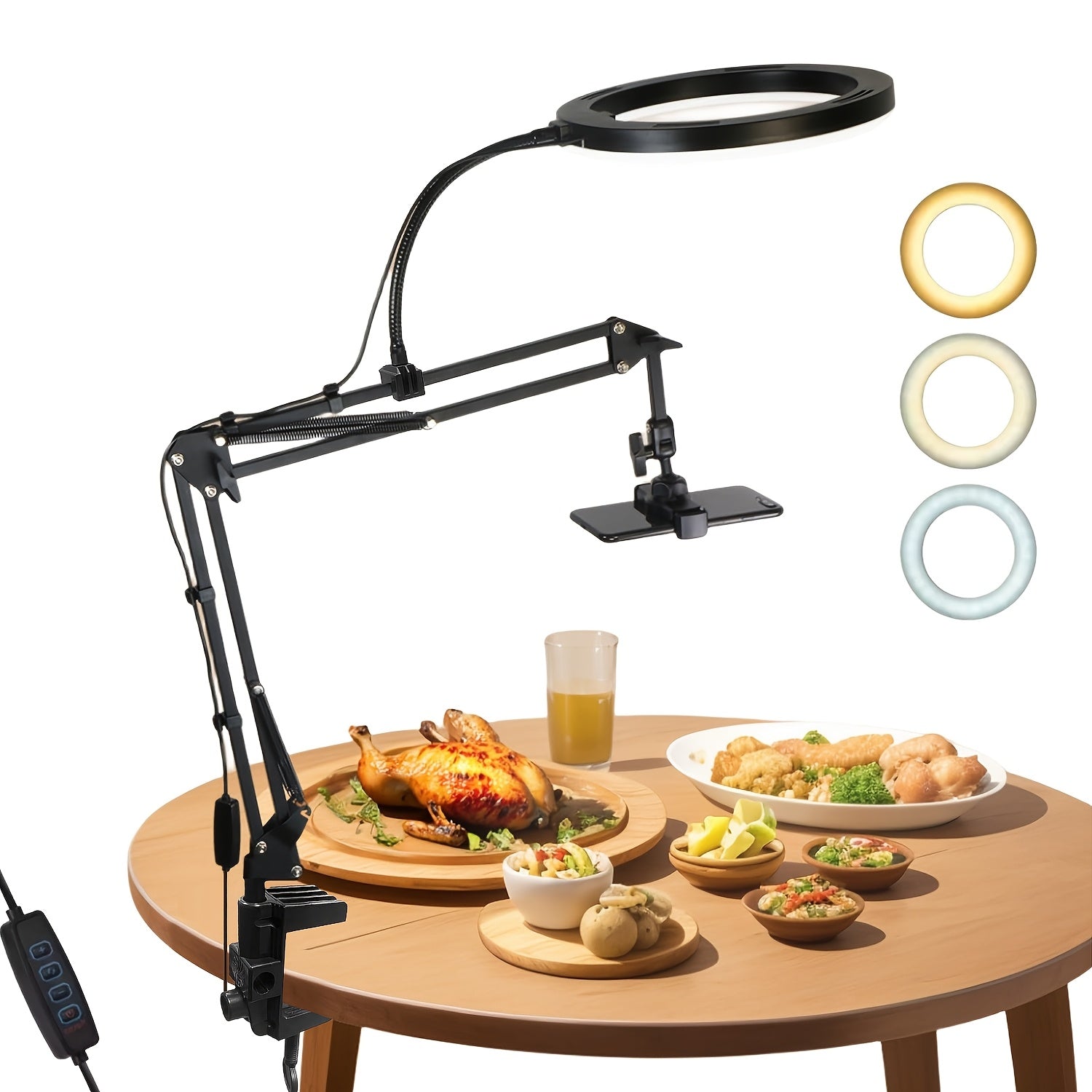 OSORD Adjustable Overhead Phone Mount with Ring Light, Articulating Arm Desktop Stand, Rotatable Clamp for Reading, Live Streaming, Cooking, Drawing, Video Conferencing Lighting, USB Powered LED Light with 3 Color Modes and 1