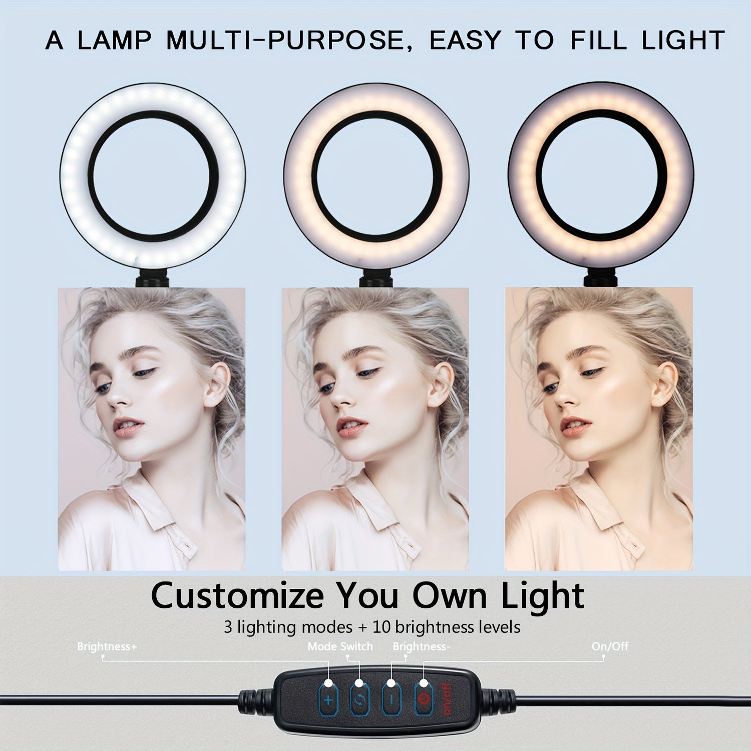 USB Powered Ring Light with Tripod Stand - 10-Inch LED Photography Lighting Kit with 3 Light Modes & 10 Brightness Levels for Phone, Selfie, Video Live Stream, Makeup & Cooking - PP Material, Operating Voltage ≤36V