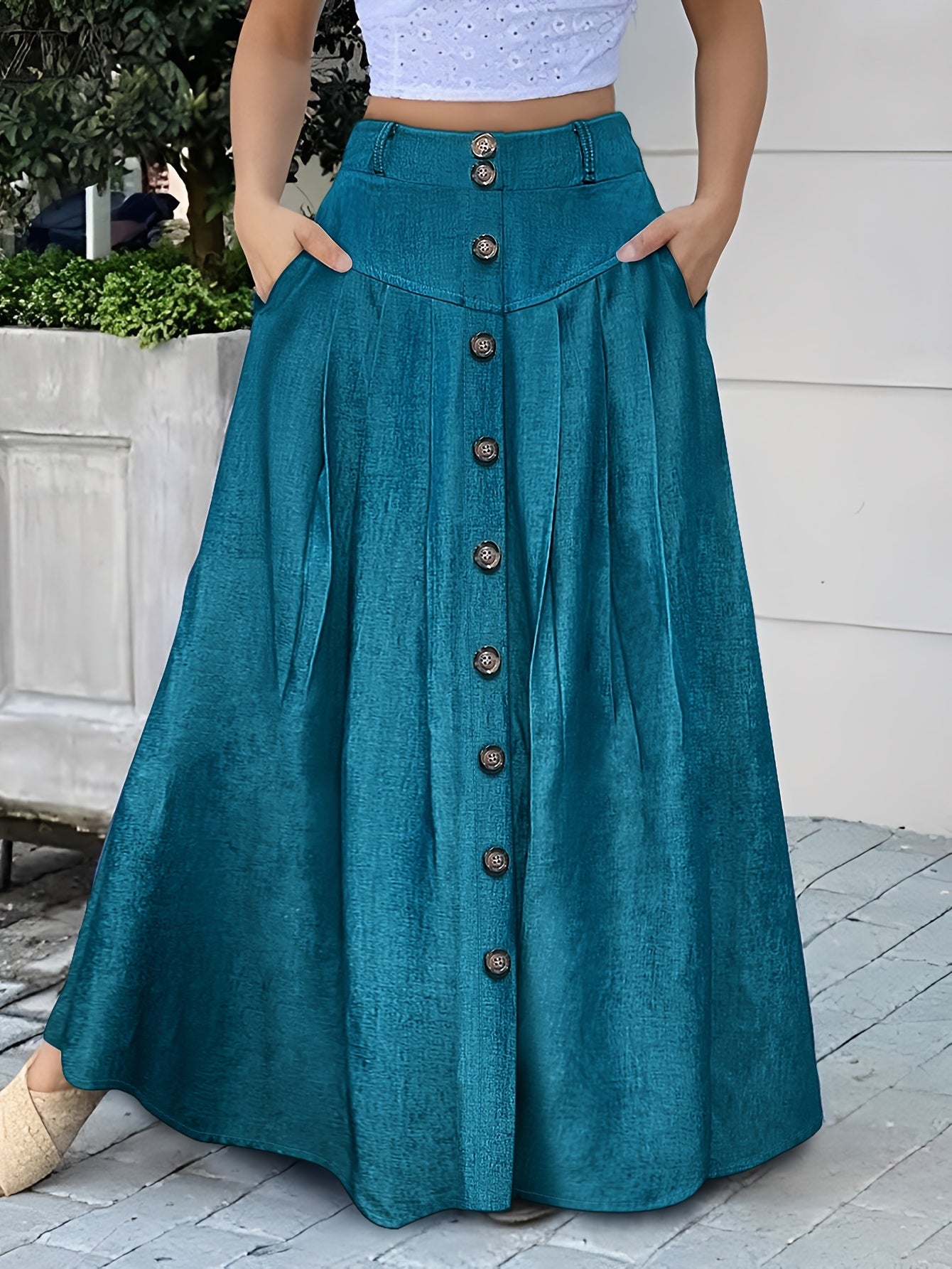 Dual Pocket Button Front Skirt, Casual Solid Color Loose Fit Skirt For Spring & Summer, Women's Clothing