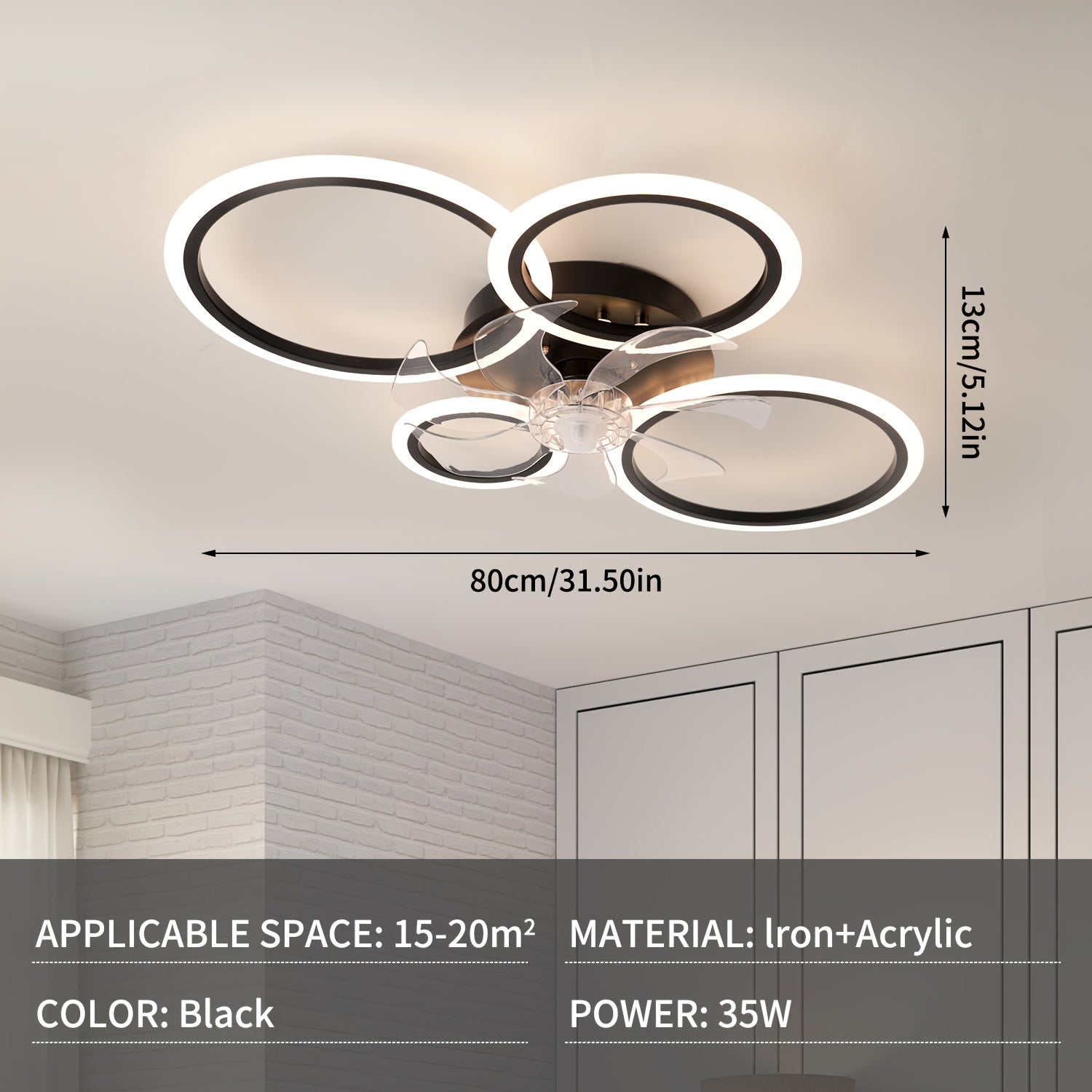 80.01cm Ceiling Fan with Light and Remote Control, Modern Low Profile Flush Mount Ceiling Fan Lights, 3 Color 6 Speeds with Dimmable Light for Bedrooms, Living Rooms, Dining Rooms