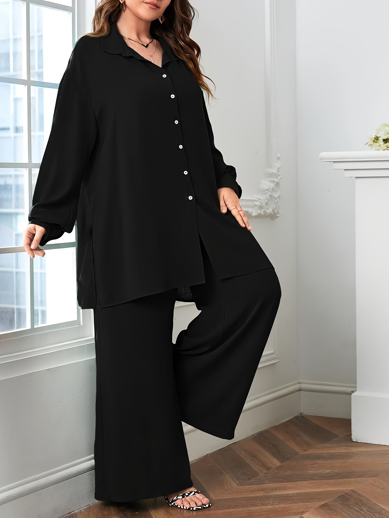 Elegant Oversized V-Neck Two-Piece Set - Black Polyester Blend Pants with Split Details and a Relaxed Blouse