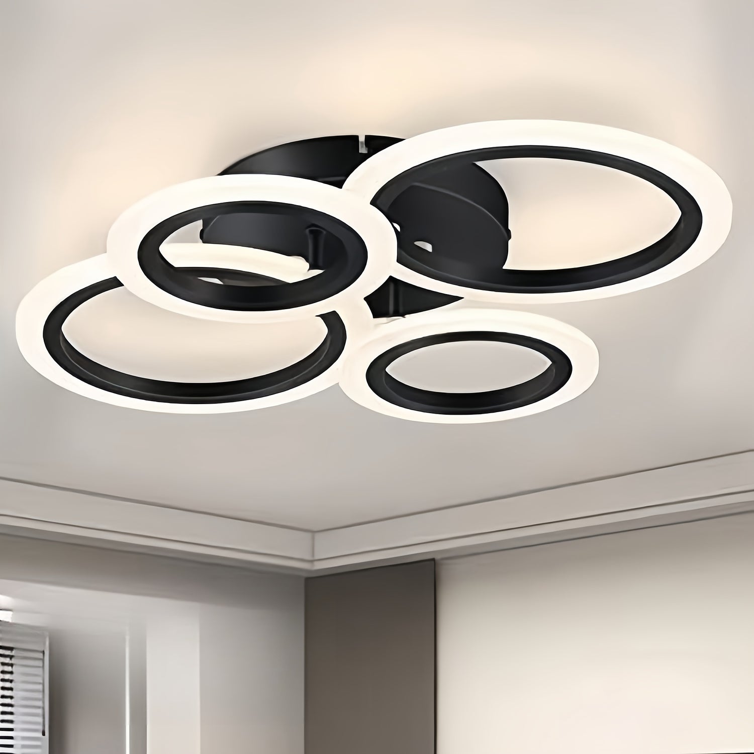 Modern 4-Light Ring LED Ceiling Fixture with 3-Color Dimmable Lighting, White & Black Design for Living Room, Bedroom, or Study - No Remote or Switch Included, Indoor Lighting | Sleek Metal Finish | LED Technology, LED Lights