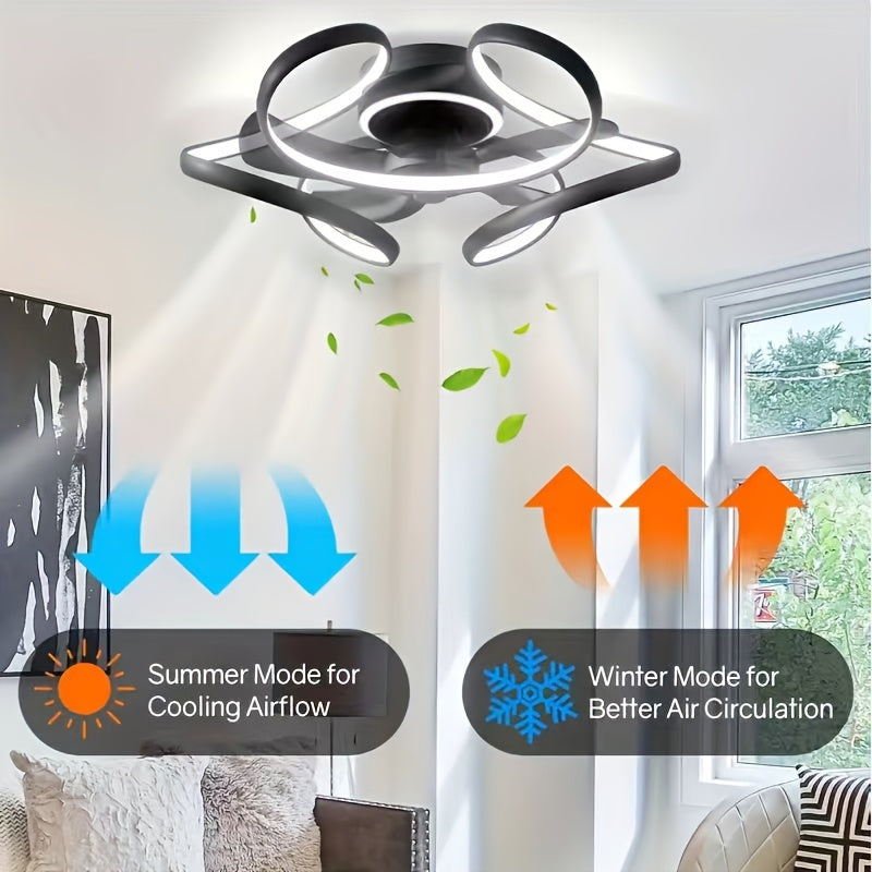 1pc Ceiling Fan Light with Remote Control, Low Profile Ceiling Fan 6 Speeds 3 Colors Changing, Modern Semi Flush Mount Ceiling Fans Dimmable Geometric for Living Room, Bedroom, Kitchen, Commercial Lighting for Hotel, Restaura