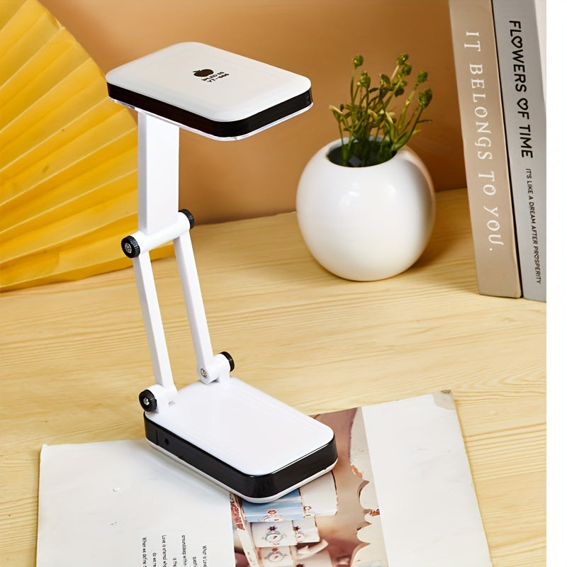 Foldable LED Desk Lamp with Eye Protection, Dual Power Source (Battery/USB), Adjustable Brightness, White, Ideal for Students, Dorm Rooms, and Bedside Reading, Desk Lamps for Home Office