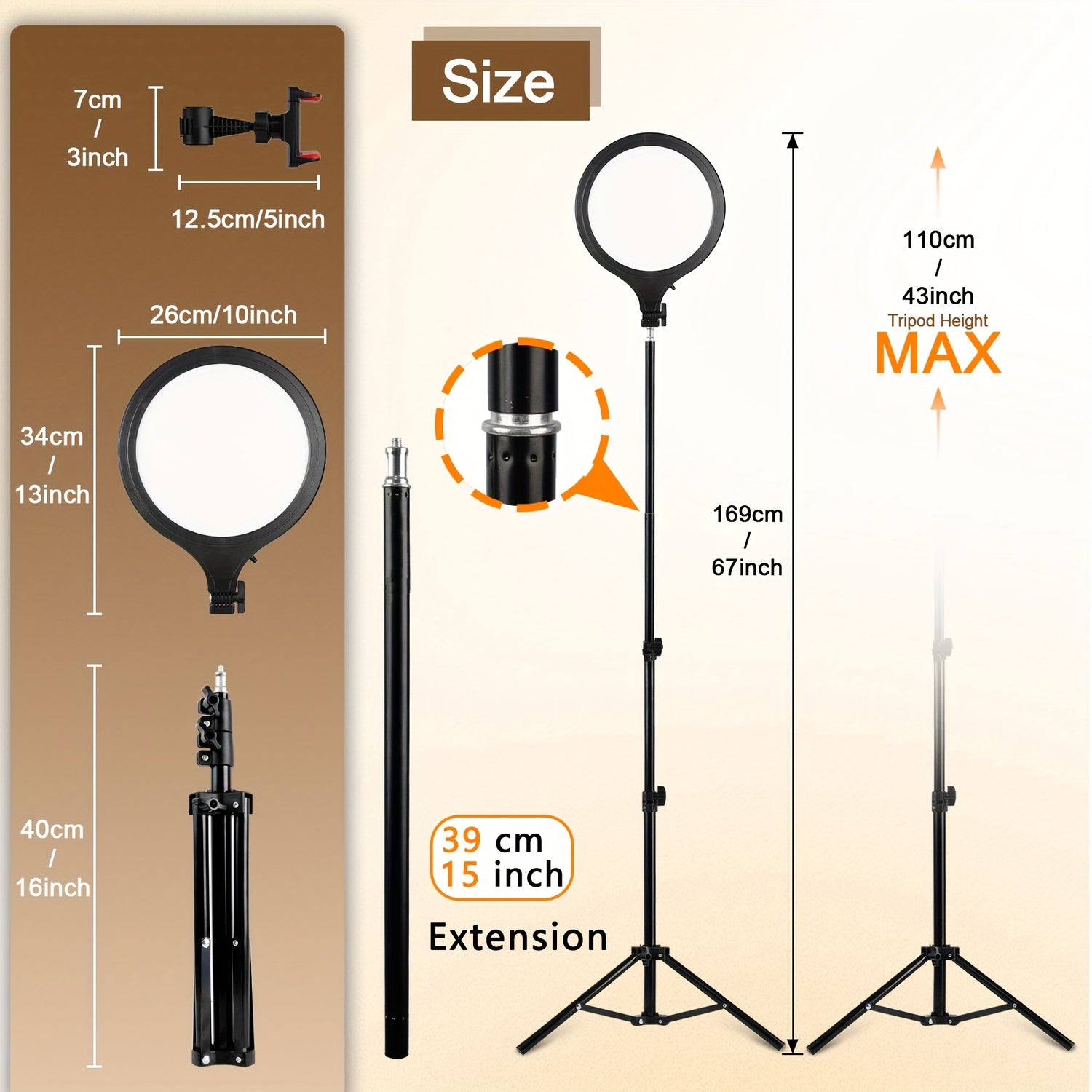 1 Set UEGOGO LED Video Photography Lighting Kit with Adjustable Tripod, Extension Rod, 10-Inch Circular LED Fill Light, 3 Color Temperatures, USB Powered, Multi-Angle Phone Clamp for Home, Video Recording, Photography Studio,