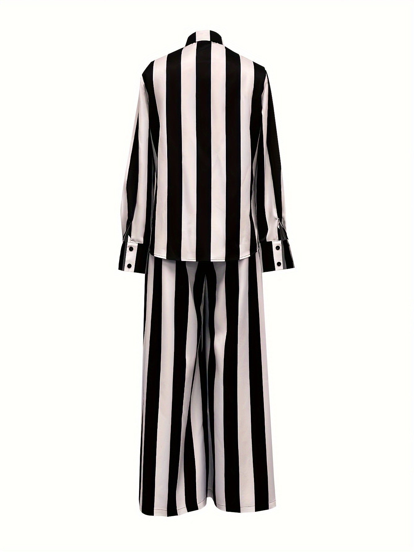 2 Pcs Stripe Print Shirt & Pants Set, Long Sleeve Button Up Shirt & High Waist Straight Leg Pants Outfits, Women's Clothing