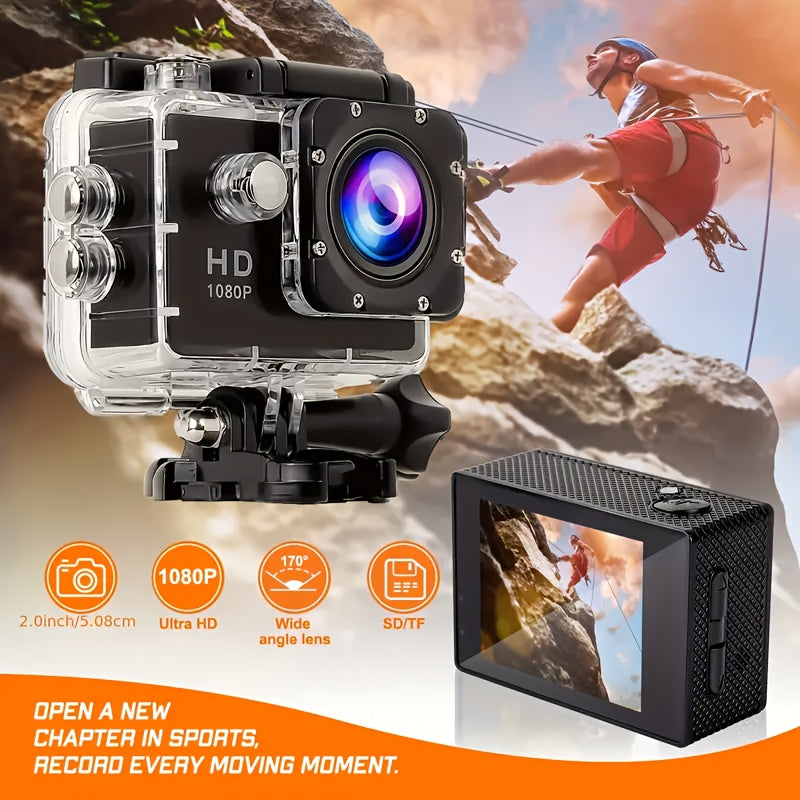 This Is a 1080P HD Action Camera Featuring Ultra HD Recording, a 140° Wide-Angle Lens, a 5.08Cm LCD Screen, Designed for Outdoor Sports Recording, with Automatic Exposure, Digital Stabilization, a Fisheye Lens, And Powered b