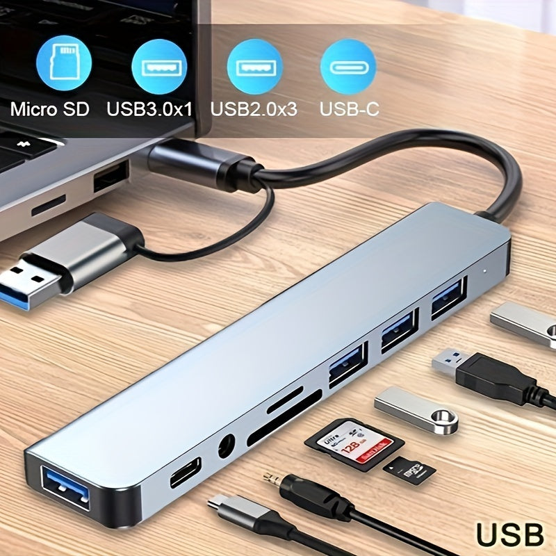 8-in-1 USB Hub with Audio Jack, Multi-Port Adapter for Tablets, USB-Powered, 5V Operating Voltage, Compatible with Tablets
