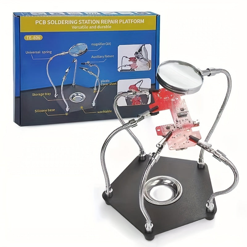 DIY Soldering Station with 5X Magnifying Glass - Sturdy Metal Construction, Adjustable Multi-Angle Design for Precision Circuit Board Repair, Includes Storage