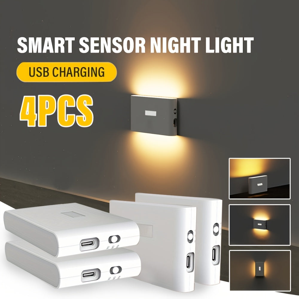 4pcs USB Rechargeable LED Motion Sensor Night Lights – Smart Wall Lights with Adjustable Brightness, Infrared Sensor for Bedroom, Hallway, Cabinet & Kitchen, Motion Sensor Light Indoor