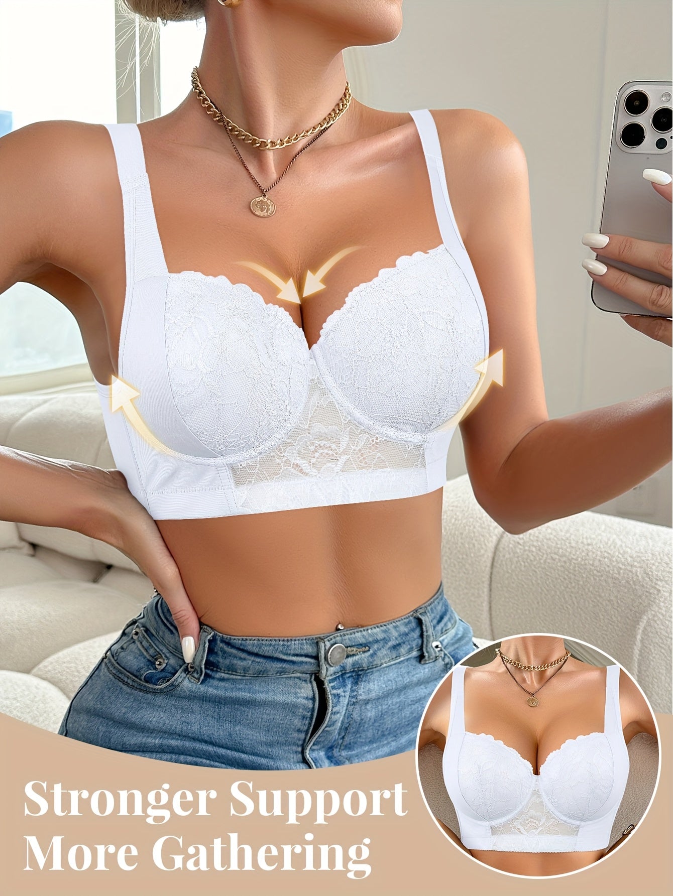 Elegant Lace Push-Up Bra for Women - Comfortable, Anti-Sagging with Enhanced Support, Non-Removable Pads, Hand Washable, White Floral Lace Detail, Antisagging Bra|Feminine Undergarment|Elastane Comfort
