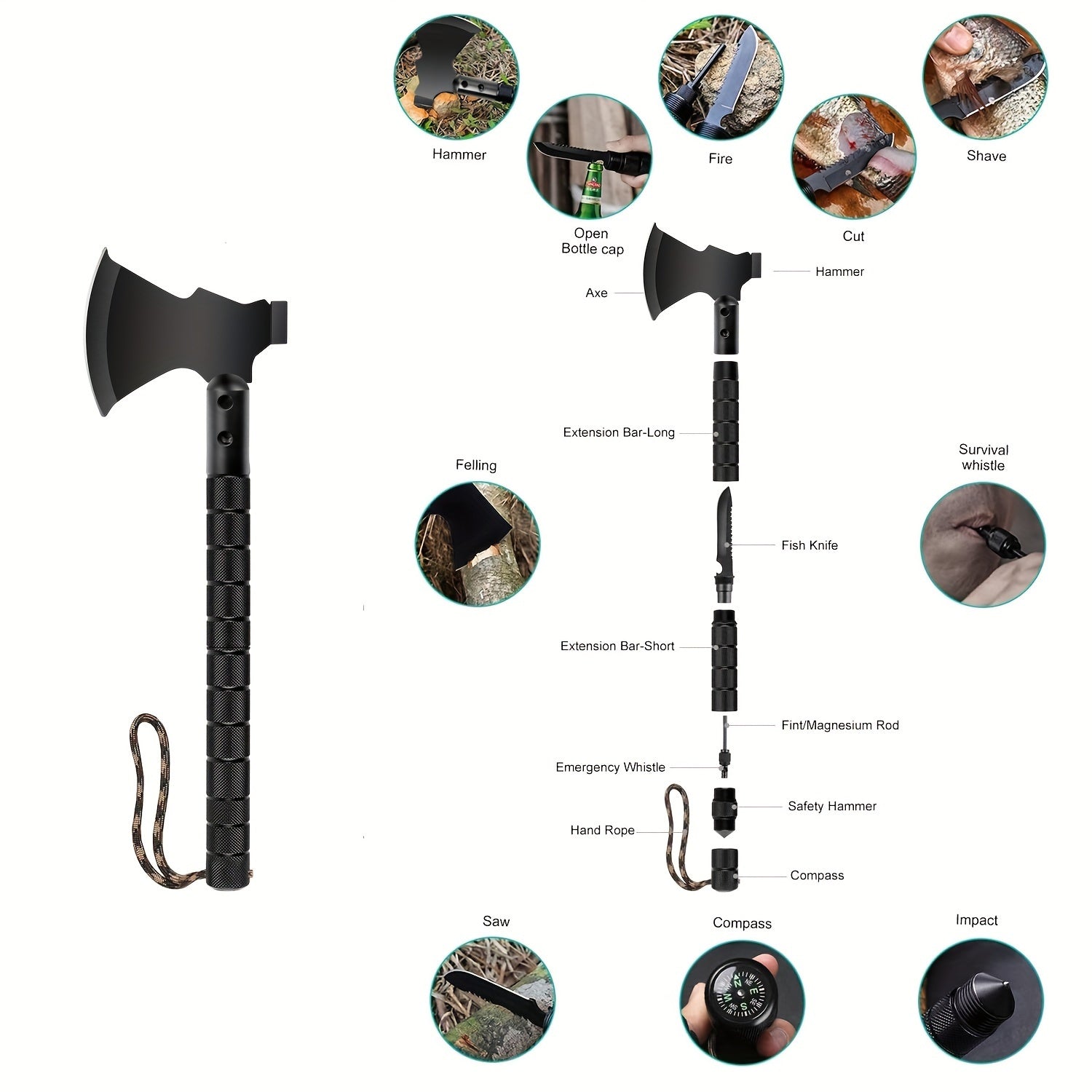 Survival Axe Kit Camping Axe, Off-Roading Multitool Folding Axe, Hatchet with Hammer, Outdoor Adventures, Versatile Survival Axe And Emergency Breaching Tool with Sheath