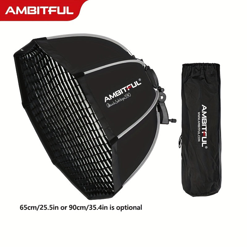 AMBITFUL Quick Release Octagon Softbox with Grid, Handle, and Bracket Mount for Camera Flash - Foldable Polyester Fiber Lighting Diffuser for Studio Photography Compatible with Godox TT520II V860III