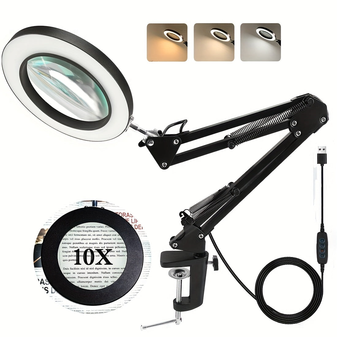 10X LED Lighted Magnifying Glass with Stand, 3 Color Modes & Stepless Dimming, Flexible Arm, 360° Adjustable Head, USB Powered, Black - Perfect for Reading, Crafting, and Home Office Use, Magnifying Glasses for Reading