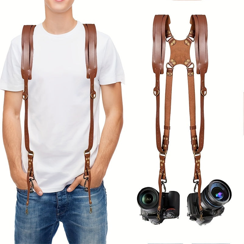 Genuine Cowhide Leather Dual Camera Harness, Professional Photographer Adjustable Shoulder Straps with Dual Safety Straps for DSLR/SLR Cameras