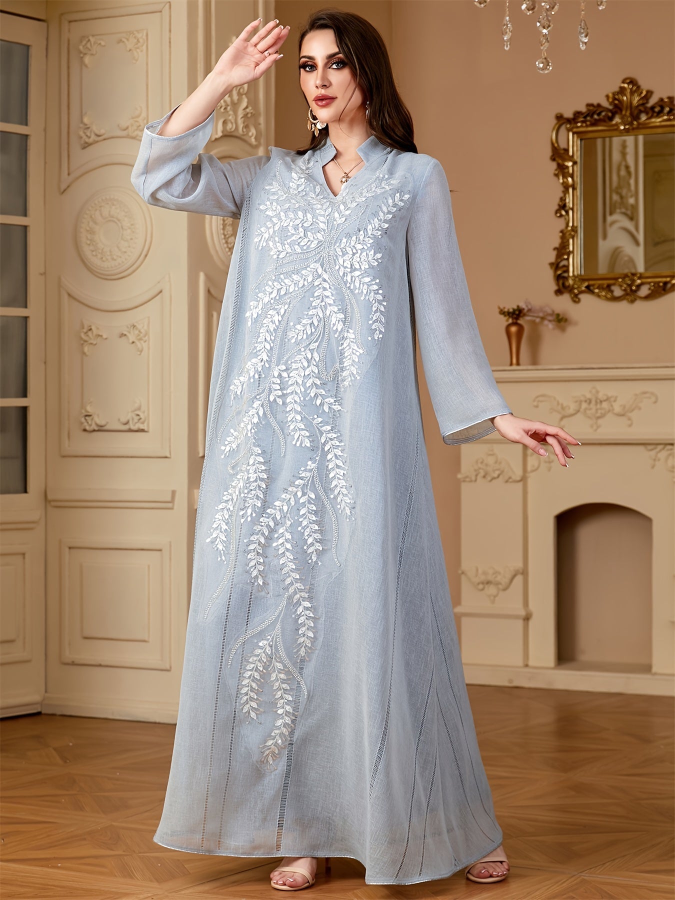 Elegant Light Blue Beaded Abaya for Muslim Women - V-Neck, Long Sleeve, Loose Fit Maxi Dress with Floral Patterns, Polyester, Non-Stretch Fabric - Perfect for Ramadan & Casual Wear