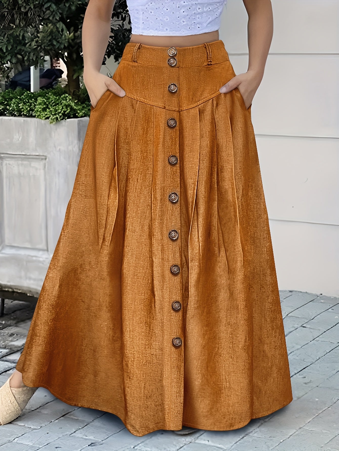 Dual Pocket Button Front Skirt, Casual Solid Color Loose Fit Skirt For Spring & Summer, Women's Clothing