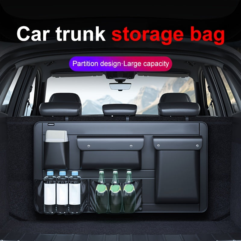 1pc Large Capacity Car Trunk Organizer With Partition Design, Multifunctional PU Leather Storage Box For Vehicle, Outdoor Storage Bag, Automotive Accessories