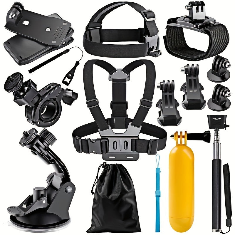 12pcs In 1 For Gopro Accessories (Rotating Bag Clip+Head Strap+Chest Strap+Wrist Strap+ Suction Cup+Buoyancy Rods+Selfie Stick), Outdoor Photography Accessories, The First Perspective. Use For Gopro 7-9, DJI Osmo, Puluz, Sjca