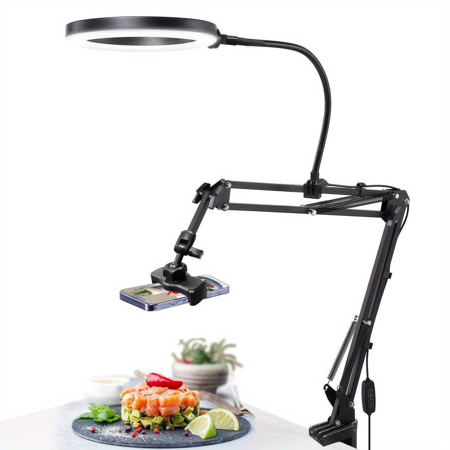 OSORD Adjustable Overhead Phone Mount with Ring Light, Articulating Arm Desktop Stand, Rotatable Clamp for Reading, Live Streaming, Cooking, Drawing, Video Conferencing Lighting, USB Powered LED Light with 3 Color Modes and 1