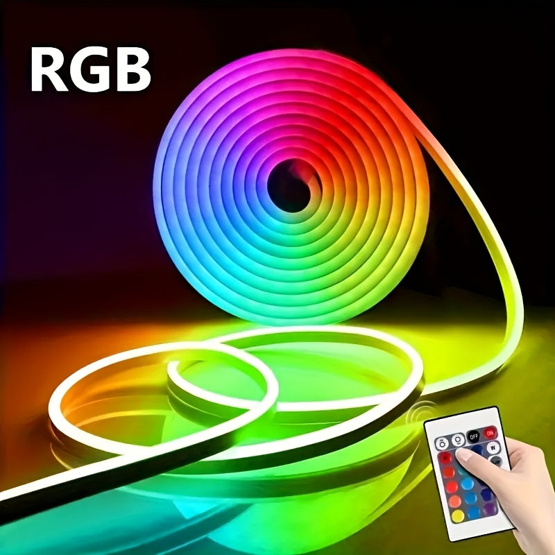 RGB Neon Light Strip with USB Interface, DC5V, IP65 Waterproof, 24-Key Remote Control, Adjustable Brightness, Multicolor & White Modes, Perfect for Valentine's Day, Party Atmosphere Lighting, and Holiday Decorations, Festive