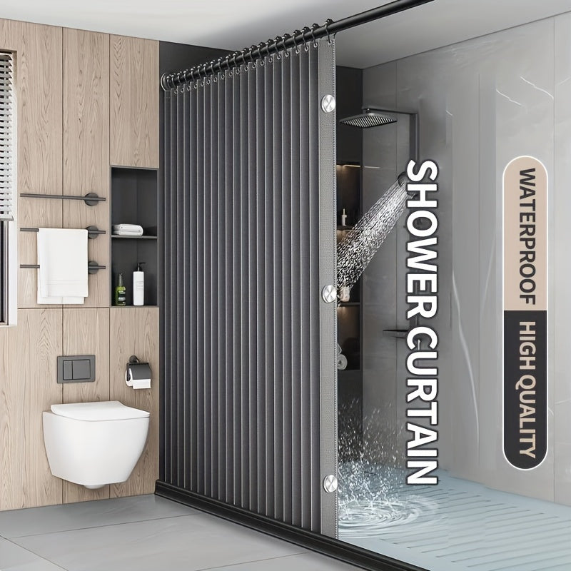 Waterproof Gray Foldable Privacy Shower Curtain with Magnetic Attachment, Polyester Wave Screen, Black Hooks Included, Machine Washable for All Seasons