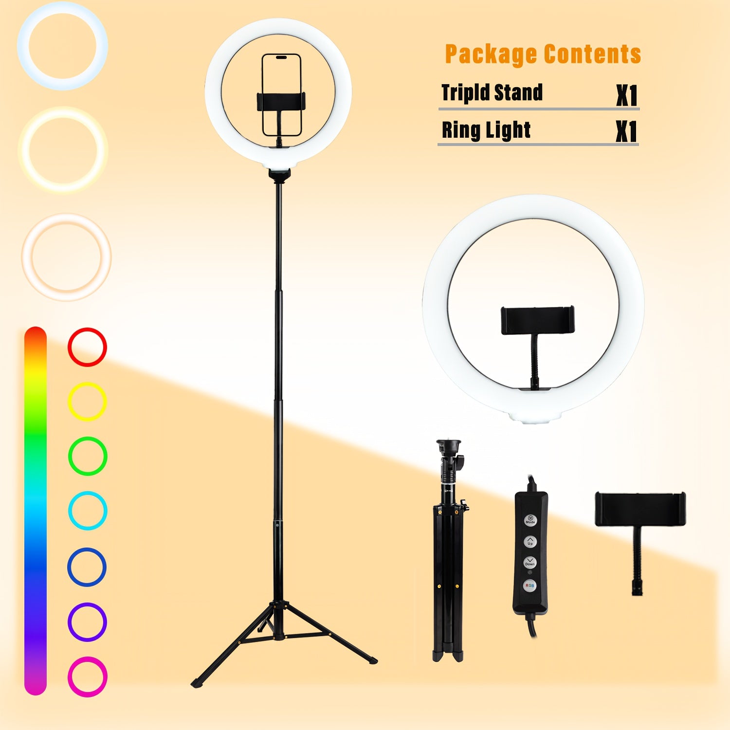 UEGOGO 10-inch RGB Ring Lamp, Flexible Rotation, USB Power Supply, Foldable Selfie Lamp with Mobile Phone Bracket, Suitable for Video Recording, Spot Lighting, Make-Up, Party Use, Electronic Accessories Bracket
