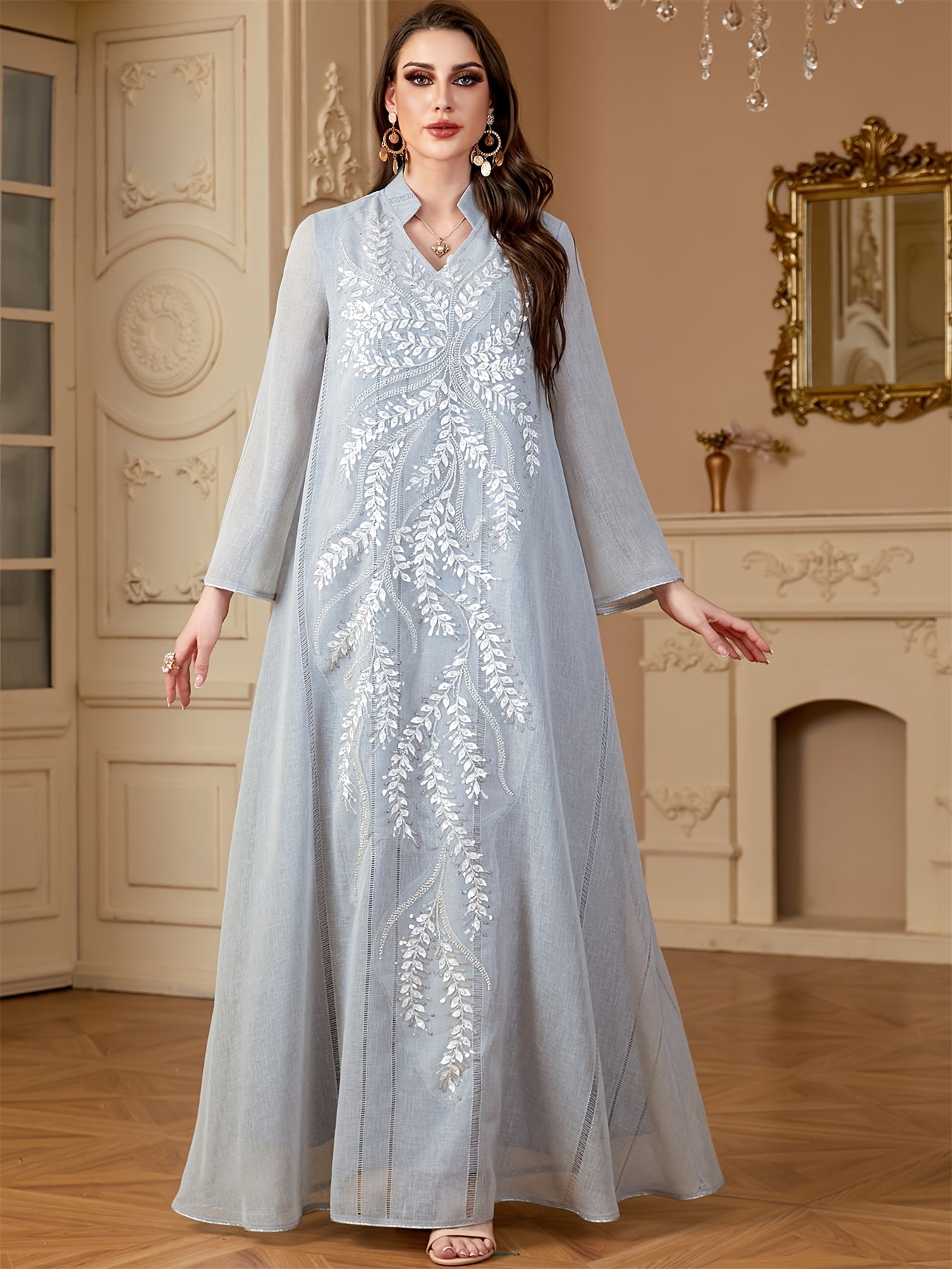 Elegant Light Blue Beaded Abaya for Muslim Women - V-Neck, Long Sleeve, Loose Fit Maxi Dress with Floral Patterns, Polyester, Non-Stretch Fabric - Perfect for Ramadan & Casual Wear