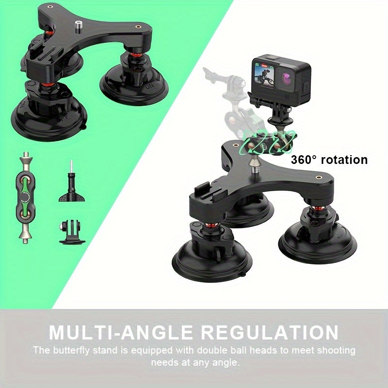 Three Suction Cup Car Mount Heavy Duty Tripod with 360 Ball Head for Mobile Phones GoPro Insta360 DJI Action Camera, Boat, Glass, High-Speed Sports Car Mounting Connection Accessories