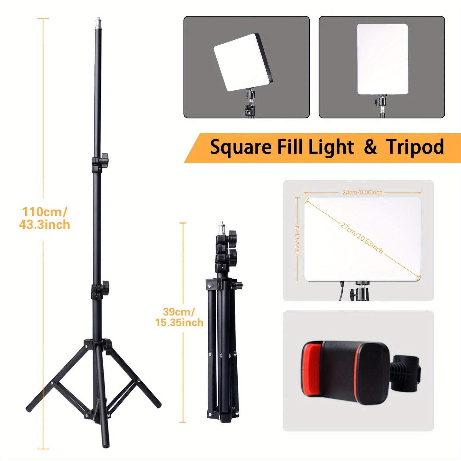UEGOGO 1 Set Photographic Light Assembly, 10 inch Square LED Fill Light, with Adjustable 43.3 inch/110cm Tripod, with Cell phone clip, for Studio, Photography and Live Streaming