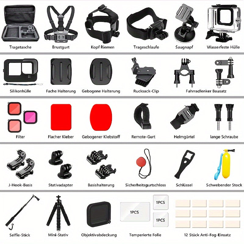 54pcs Action Camera Accessory Kit for Hero12/11/10/9 - Black, Waterproof Case, Silicone Protector, Tempered Glass Screen Protector, Floating Stick, Headband & Chest Strap Mount Set